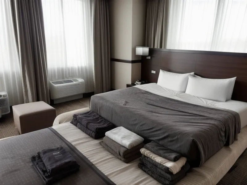 Messy travel clothes on a hotel bed contrasted with organized packing cubes.