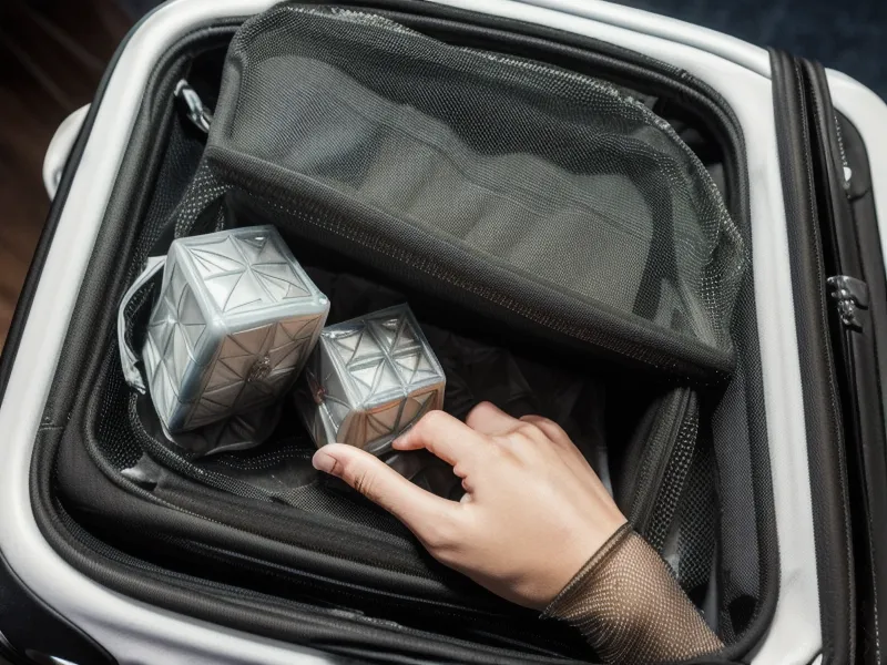 A hand placing a mesh packing cube into a professional carry-on suitcase.