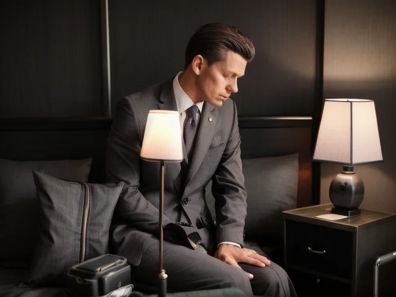 A tired business traveler looking at his organized suitcase in a hotel room.