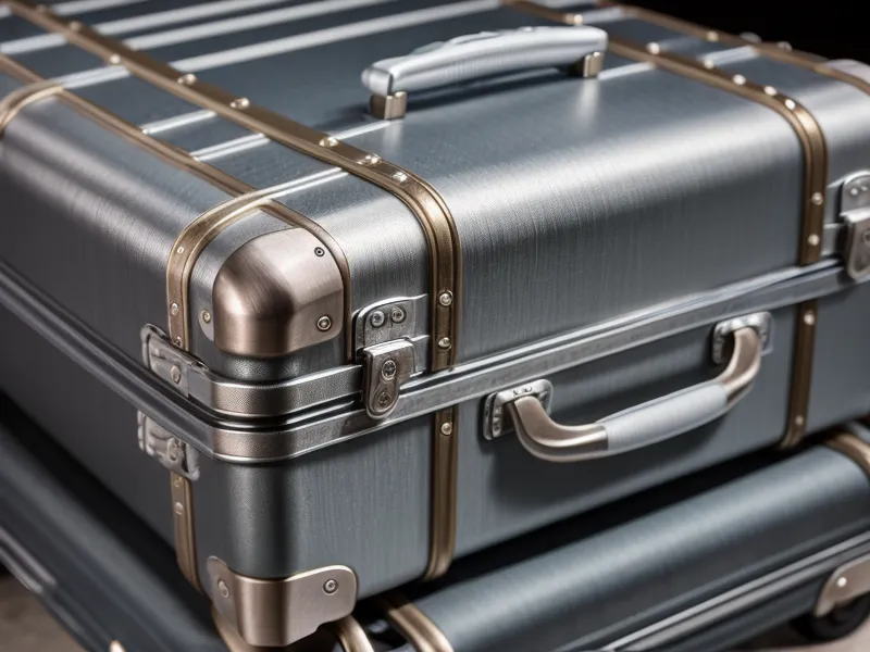Close-up of the metallic CX expansion system brackets on a Briggs and Riley bag.