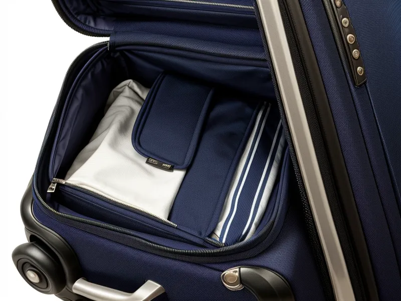Interior suiter compartment of a carry-on with a blazer wrapped around a foam bolster.