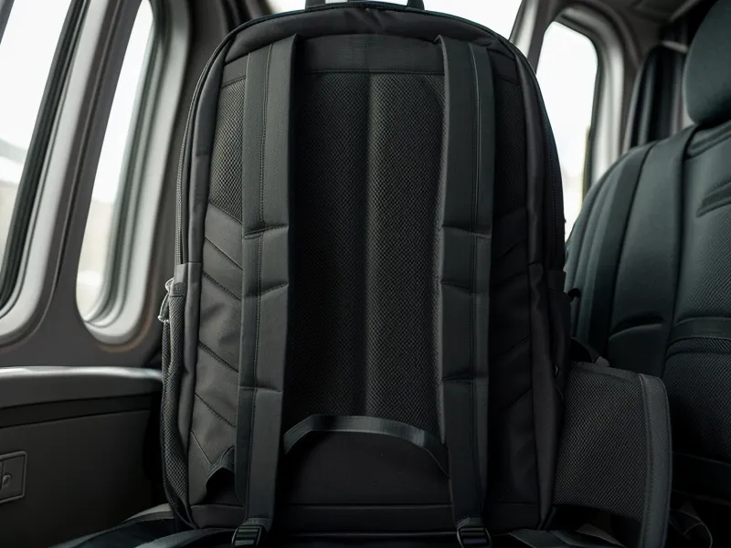 A business backpack fitting under an airplane seat on a regional jet.