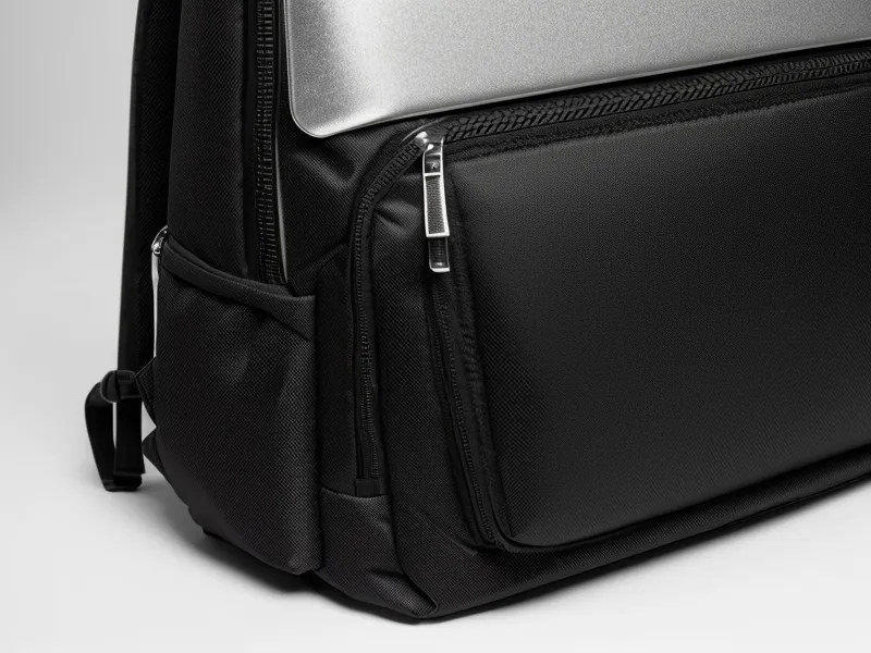 Close-up of a padded laptop sleeve and high-quality zippers on a travel backpack.