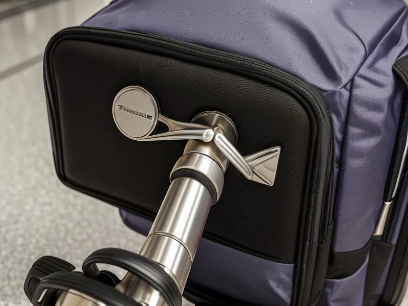 A backpack being attached to a suitcase handle using a luggage pass-through sleeve.