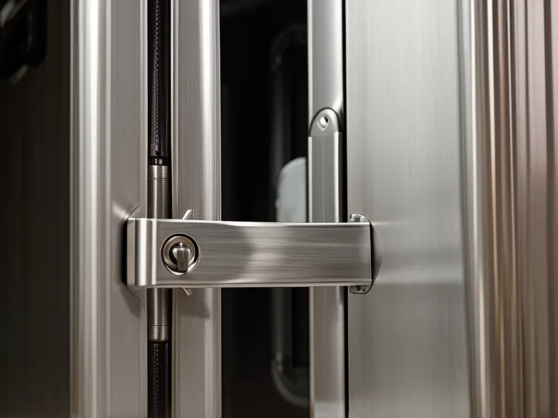 Close-up detail of the aluminum frame and latch on a LEVEL8 suitcase.