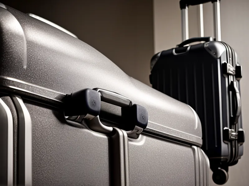 A slightly weathered aluminum carry-on bag showing a minor dent after travel.