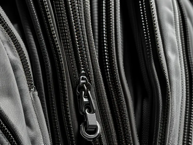Detail shot of heavy-duty zippers and fabric on premium luggage.