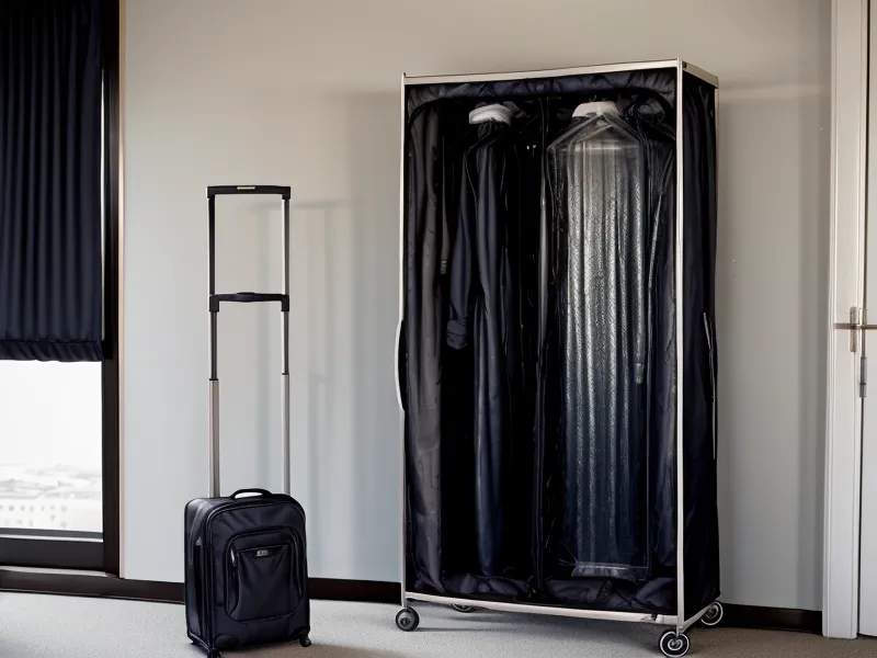 A well-used garment bag showing minor wear after months of travel.