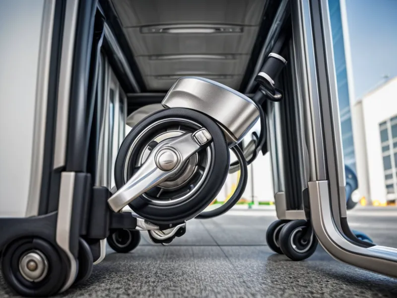 Close-up detail of Travelpro luggage wheel and handle assembly.