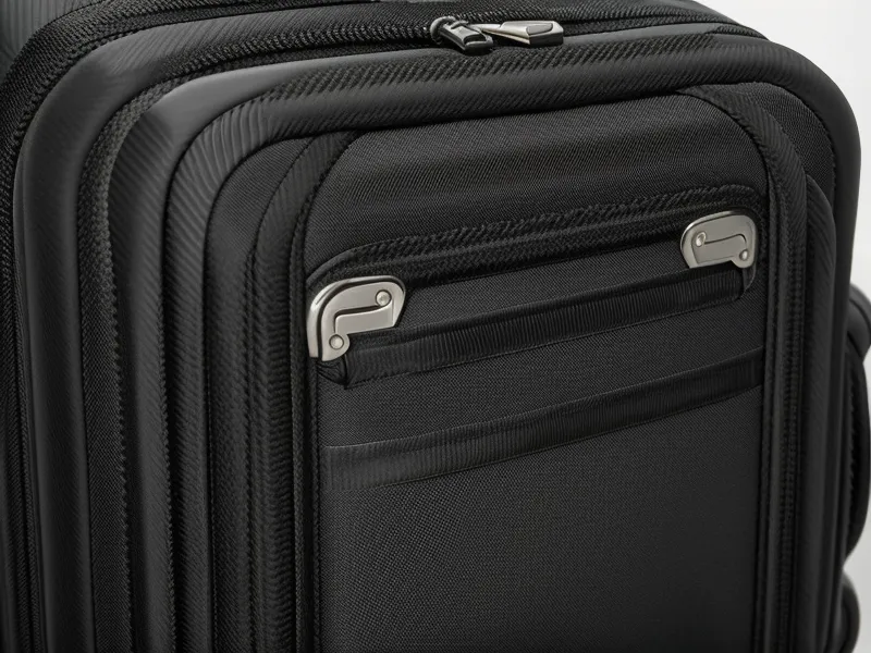 Close-up of durable 1680D ballistic nylon fabric on a luggage corner.
