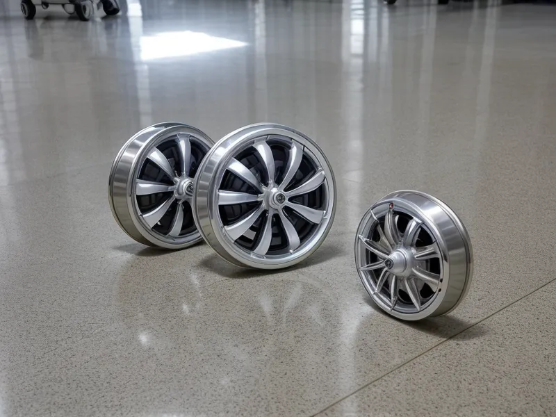 Close-up of four-wheel spinner system on a premium carry-on bag.