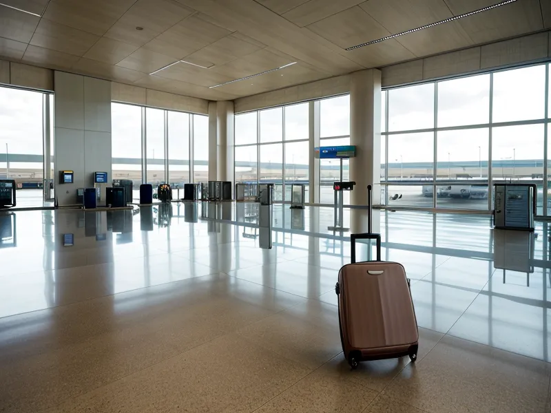 Spinner wheels of a carry-on bag rolling on smooth airport tile.