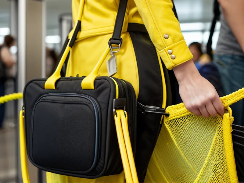 A luggage handle being tagged with a yellow airline gate-check label.