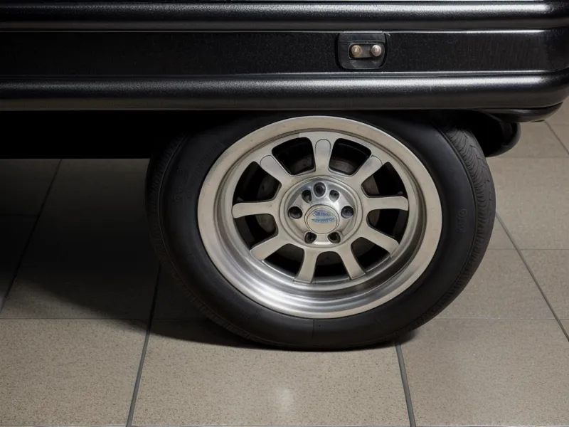 Close-up of a high-quality luggage spinner wheel on a polished airport floor.