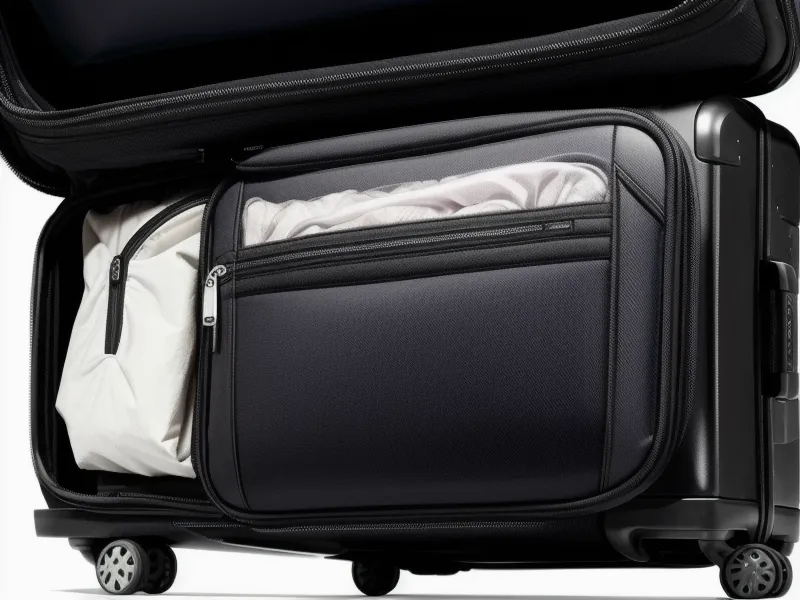 A traveler placing a black carry-on bag into an airplane overhead compartment.
