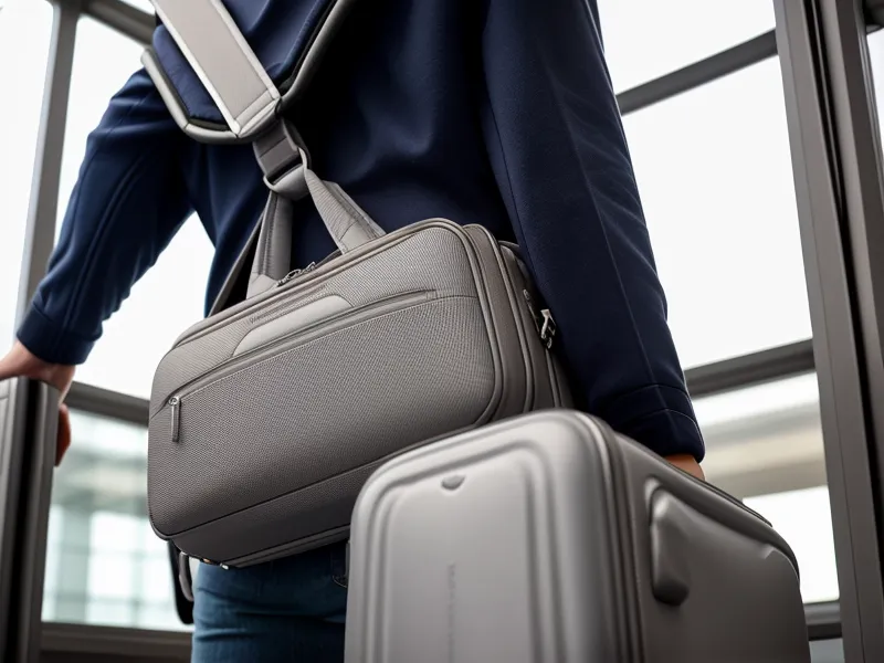 Close-up of a premium carry-on bag waiting at a flight gate.