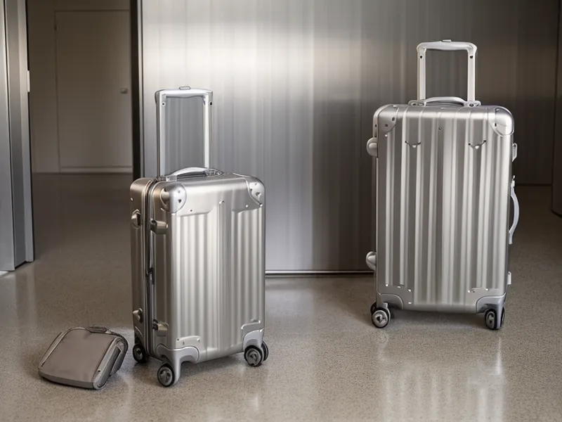 Aluminum hardshell luggage waiting on clean flooring near a hotel lobby