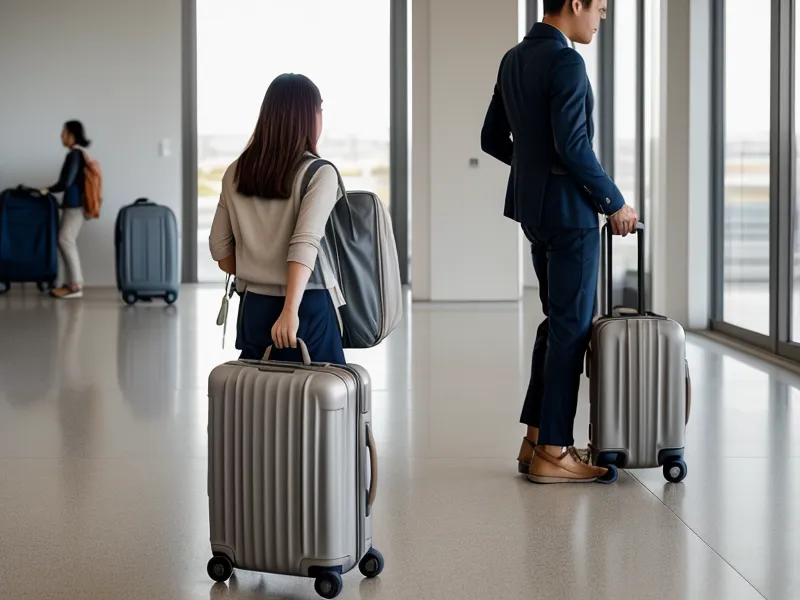 A traveler tilting a spinner bag to pull it on two wheels