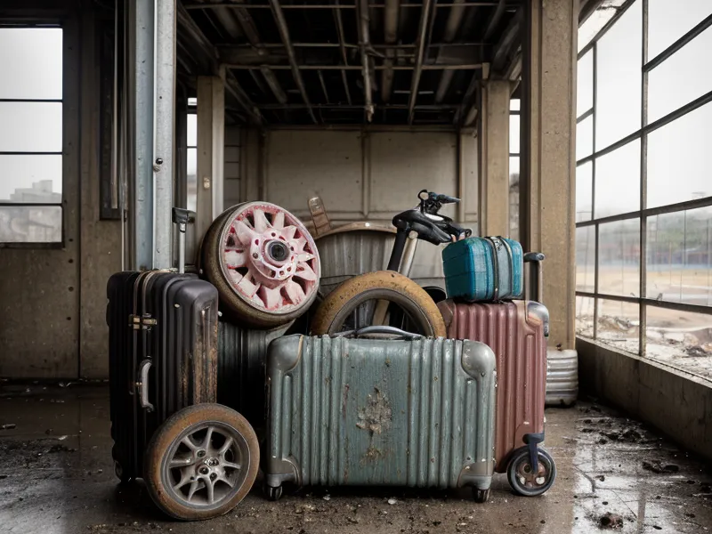 Close-up of a damaged and dirty luggage wheel showing hair and dirt buildup