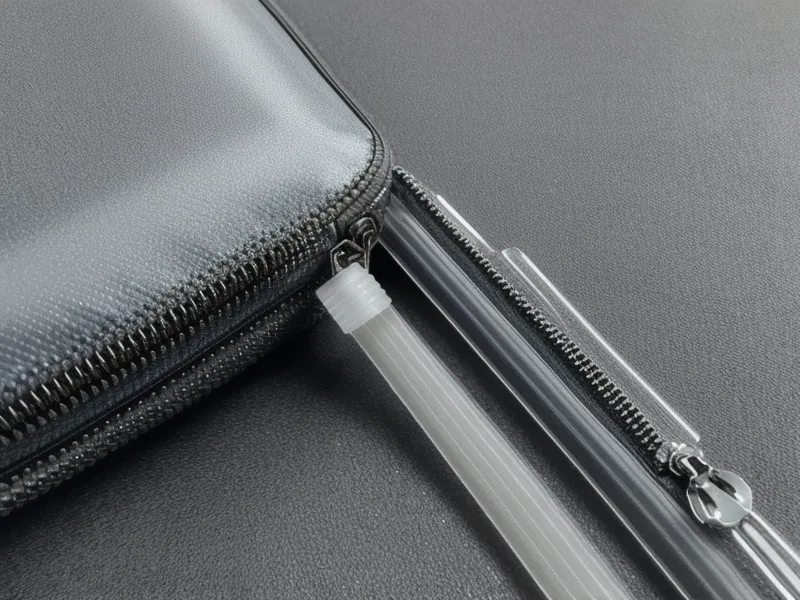 Zipper wax stick and travel accessories on a hotel desk.
