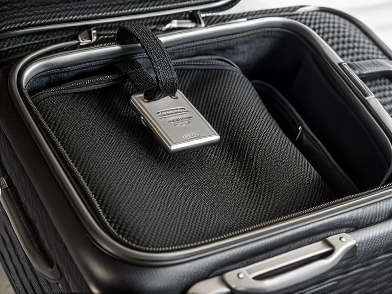 Close-up of a luggage shipping tag on a suitcase handle