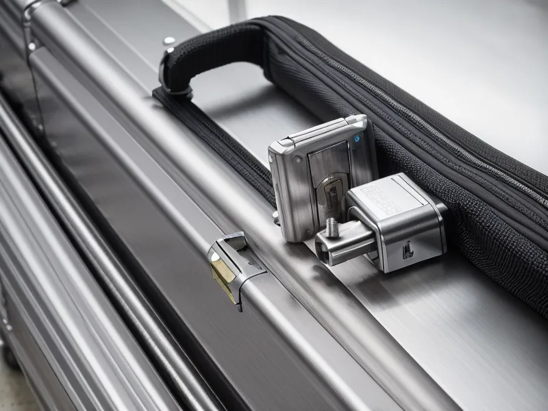 Close-up of the secure latches and 3-digit TSA locks on a LEVEL8 aluminum suitcase.