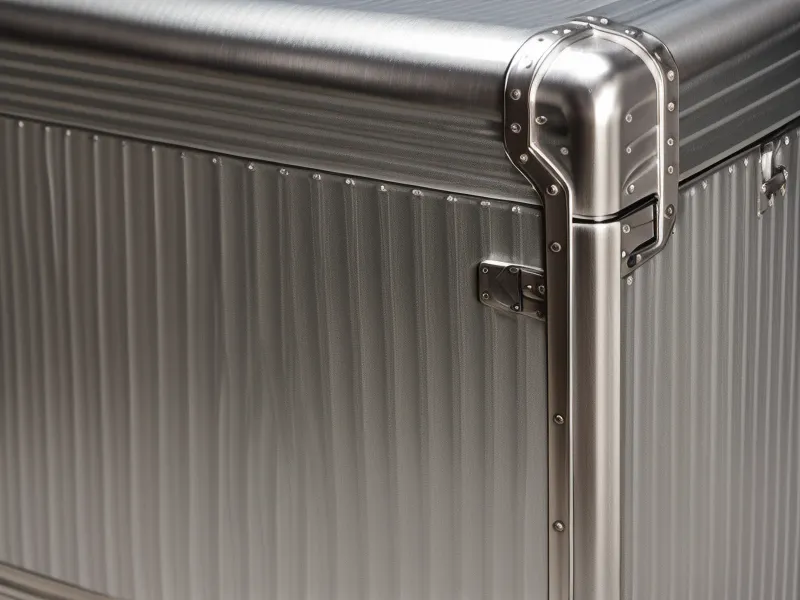 A close-up of a dent on an aluminum carry-on showing real-world wear and tear.