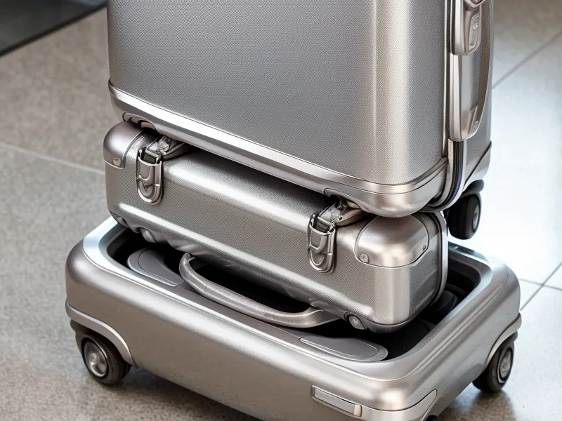 A silver aluminum carry-on bag stowed neatly in an airplane overhead compartment.