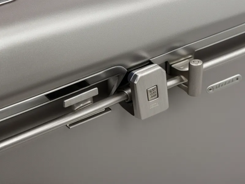 Close-up of the heavy-duty TSA latches on a LEVEL8 aluminum suitcase
