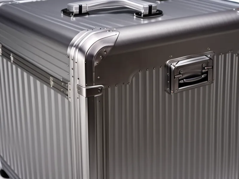 A close-up of a dent on the corner of an aluminum suitcase