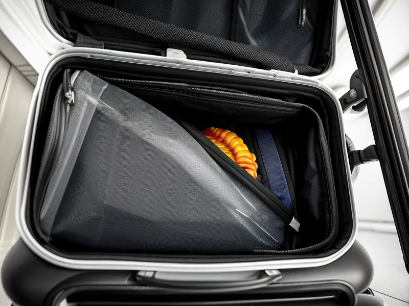 Level8 carry-on suitcase fitting into a narrow airplane overhead bin.