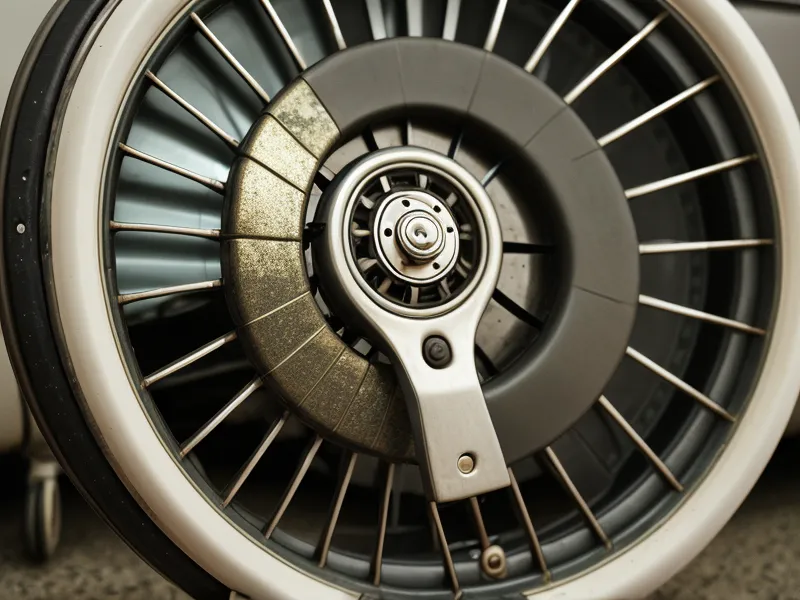 Detailed close-up of a worn luggage spinner wheel on airport tile.