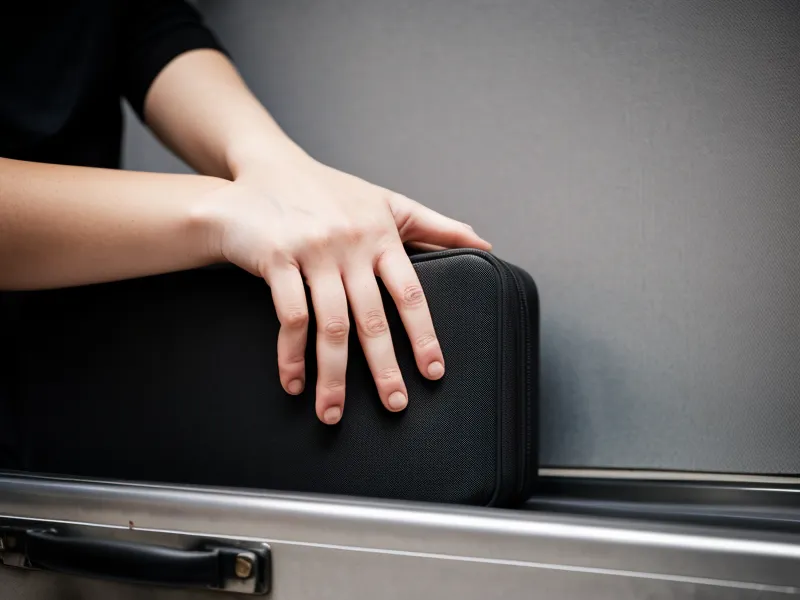 Hand holding a Luggage Forward shipping label on a black suitcase.