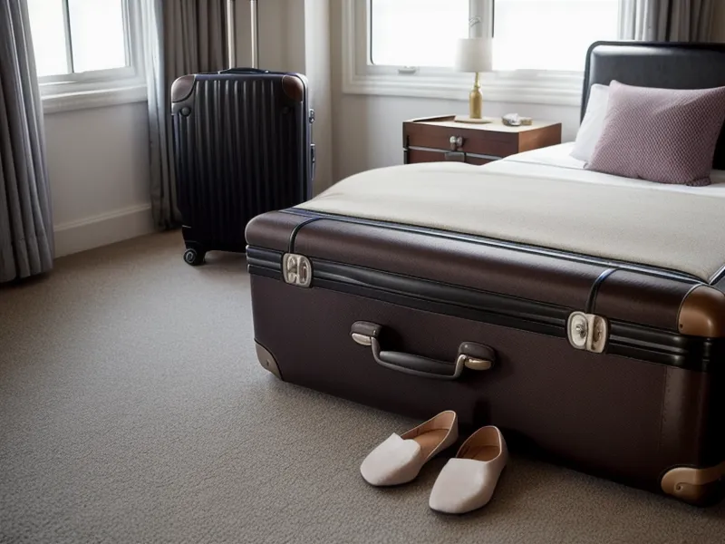 A suitcase waiting in a clean hotel room near the bed.