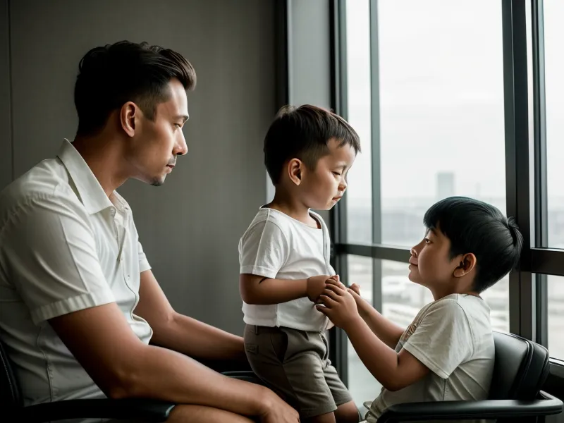 A father relaxing in an airport lounge without heavy family luggage.