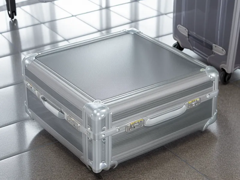 A close-up of a hardshell suitcase corner showing minor wear and a spinner wheel.