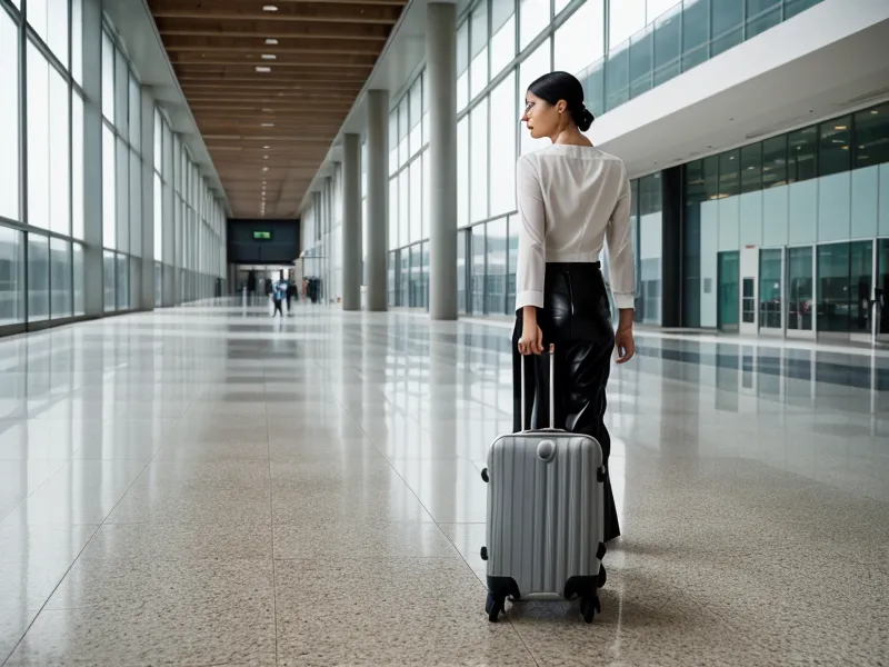 A traveler walking hands-free through an airport using a luggage shipping service.