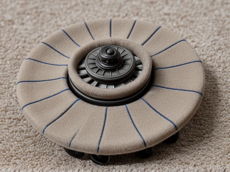 Close-up of luggage spinner wheels sinking into thick hotel carpet