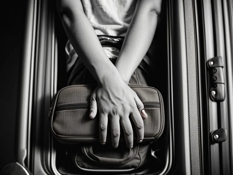 Traveler tensing forearm to guide luggage on carpeted floor