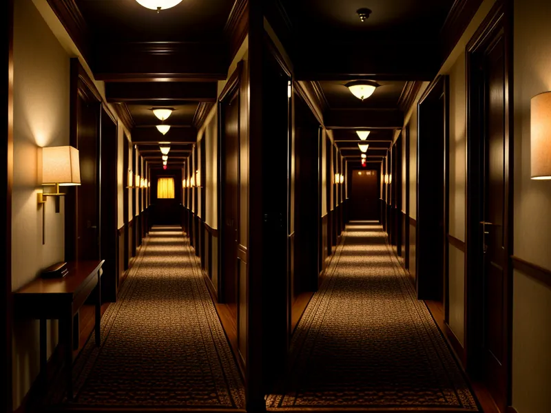 A long carpeted hotel hallway showing the challenge of dragging bags