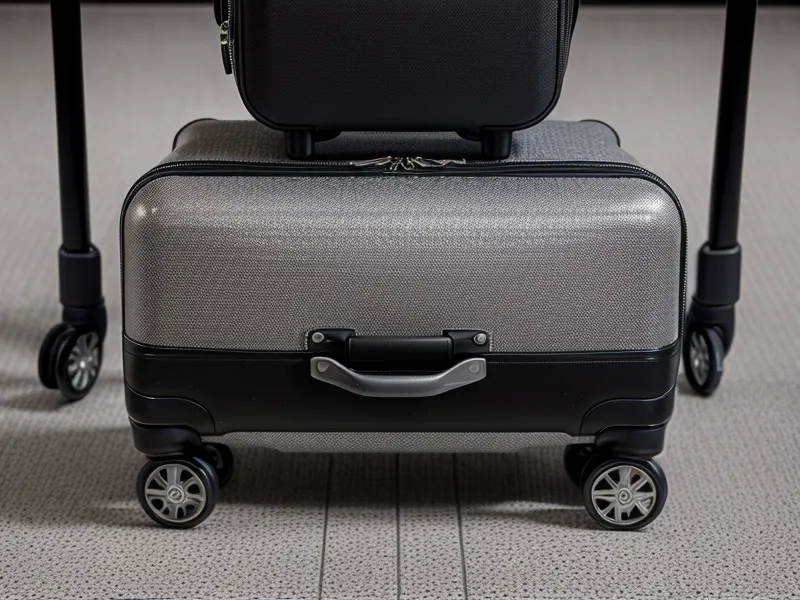 Close-up of durable spinner wheels transitioning from carpet to tile in an airport.