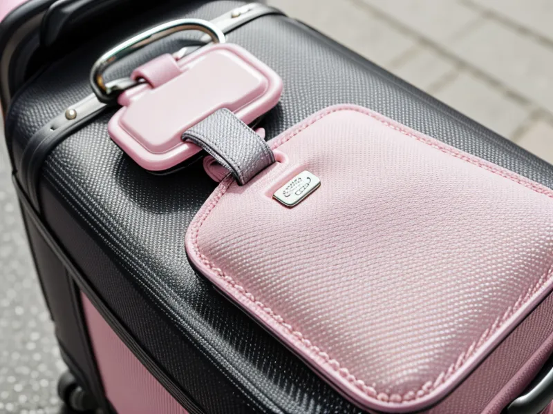 A pink gate-check valet tag attached to the handle of a carry-on bag.