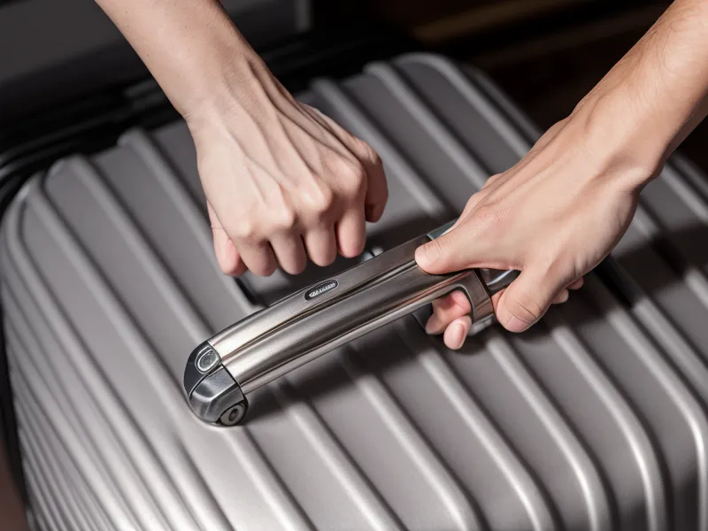 Close-up of the ergonomic contoured handle on a piece of business luggage.