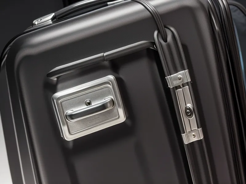 Travelpro suitcase sitting on a hotel luggage rack showing fabric texture.