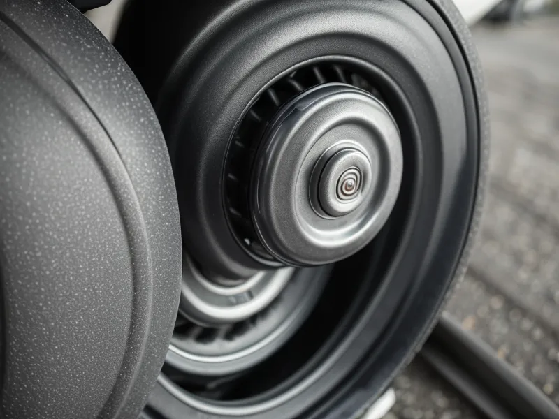 Close-up of luggage spinner wheels covered in corrosive road salt and winter slush.