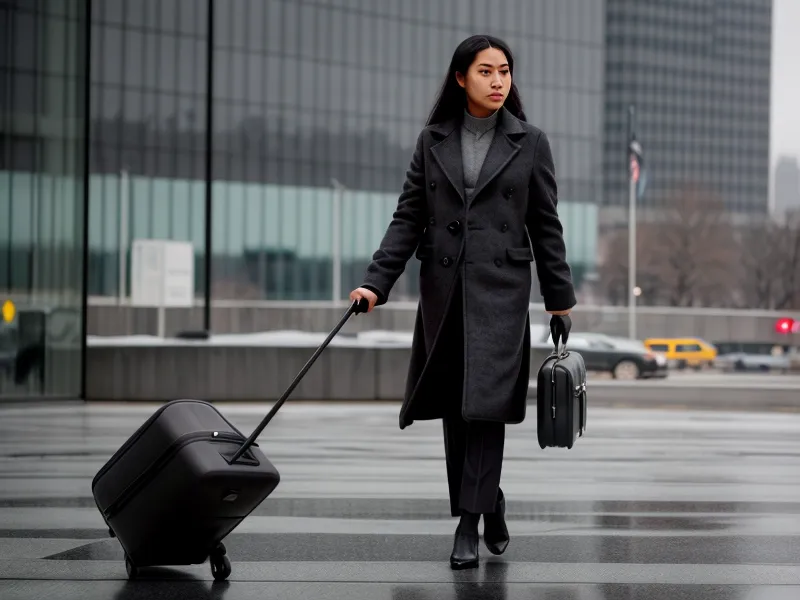 Business traveler pulling a carry-on through winter slush and road salt at an airport.
