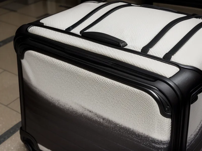 Salt stains and road grime on the bottom fabric of a soft-side suitcase.