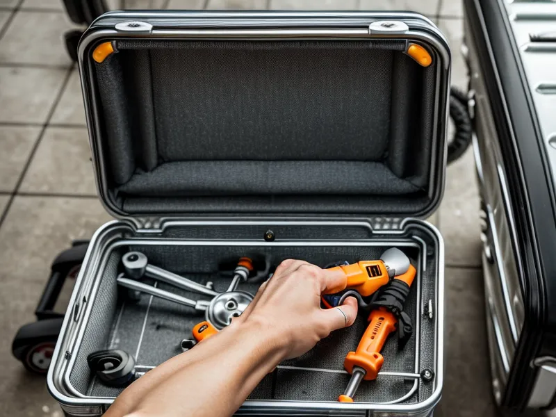 Replacing a damaged spinner wheel on a Travelpro suitcase with a screwdriver.