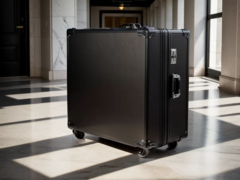 A heavy shipping case with a luggage forwarding label in a hotel lobby.