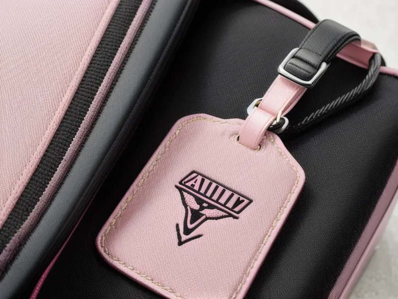 A pink gate check tag being attached to a suitcase handle.